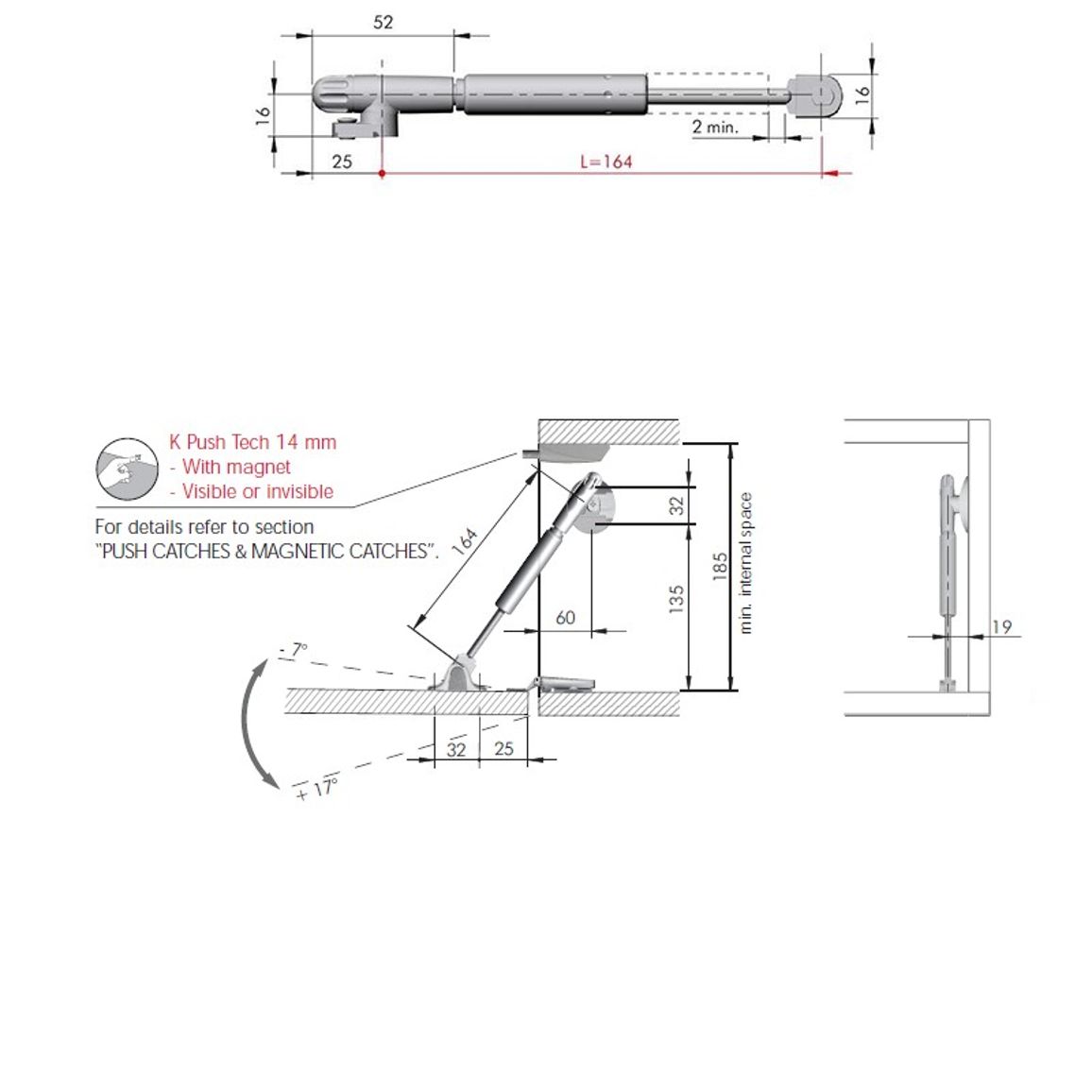 К-т KRABY PushToOpen амортизатор газ. / відчинення вниз L164, Italiana Ferramenta, для ДСП/МДФ