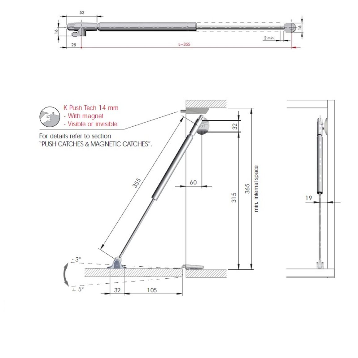 К-т KRABY PushToOpen амортизатор газ. / открытие вниз L355, Italiana Ferramenta, для ДСП/МДФ