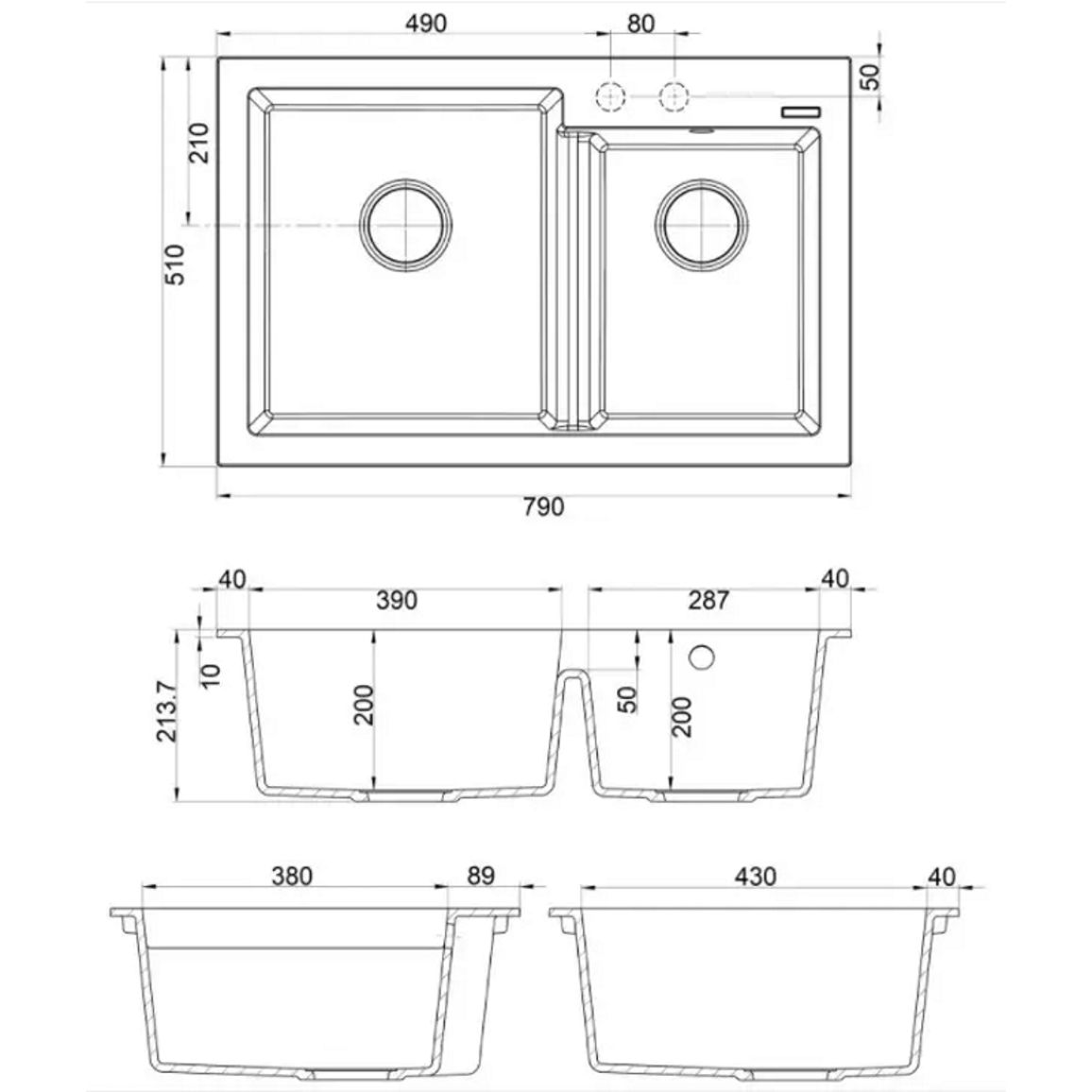 Мойка гранит Quadro 79x51x2 титаниум Fabiano