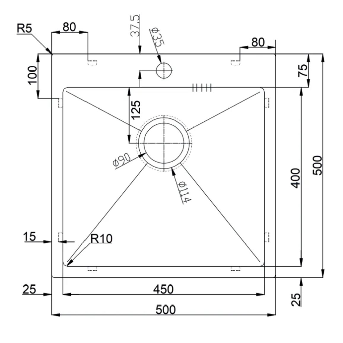 Мойка нерж. (матовая полировка) BR 50x50 Fabiano Мойка нерж. (матовая полировка) BR 50x50 Fabiano