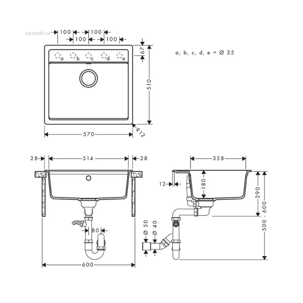 Мойка кухонная гранит S52 без крыла врезная, серый графит Hansgrohe (43359290)