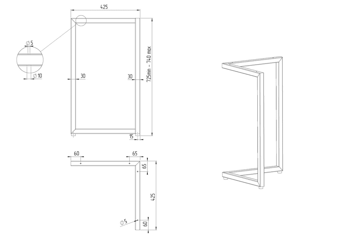 Опора для стола VV, 600х300мм, h = 725мм, сірий Ral 9006 (Муар)