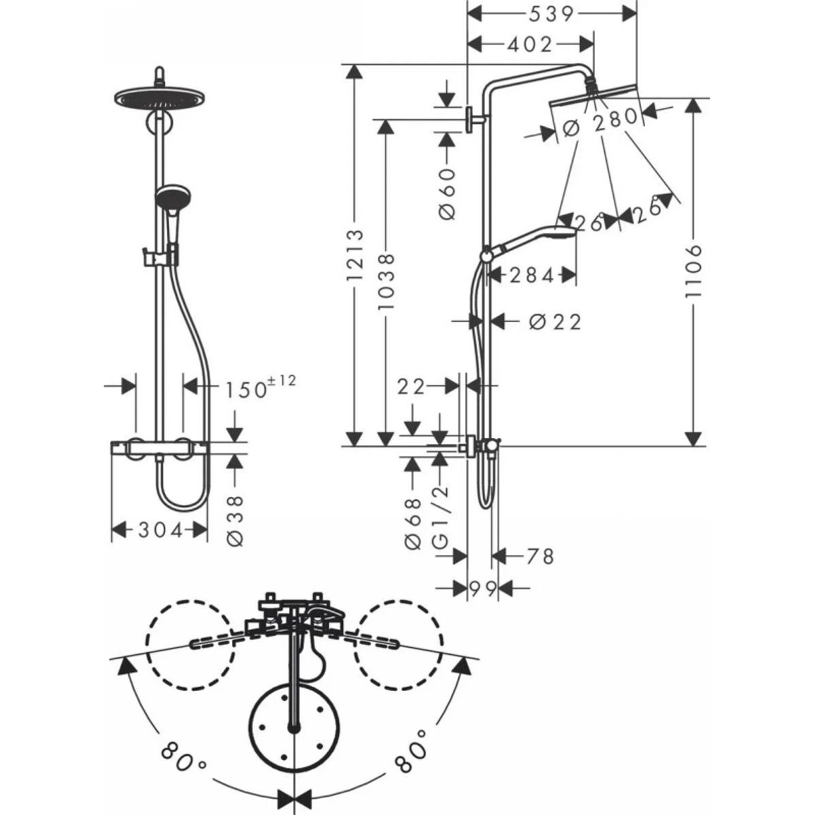 Душова система Croma Select S 280 1jet Showerpipe з термостатом Matt Black Hansgrohe (26890670) Душова система Croma Select S 280 1jet Showerpipe з термостатом Matt Black Hansgrohe (26890670)