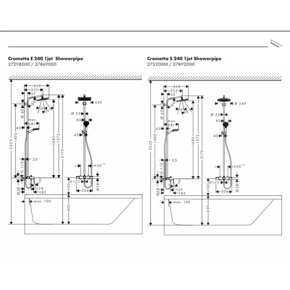 Душова система Crometta E Showerpipe 240 1jet для ванни з термостатом Chrome Hansgrohe (27298000) Душова система Crometta E Showerpipe 240 1jet для ванни з термостатом Chrome Hansgrohe (27298000)