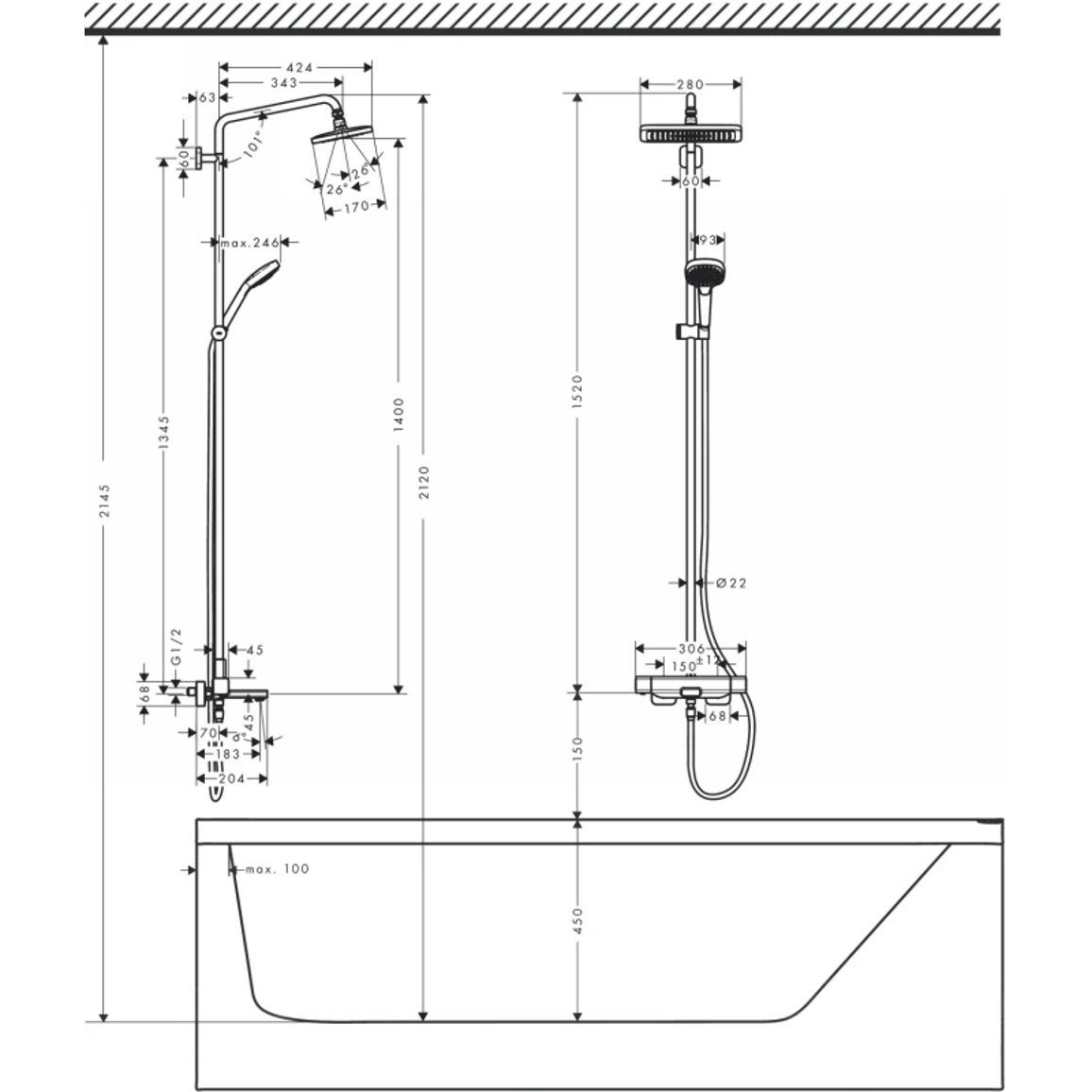 Душова система Hansgrohe E Showerpipe 280 1jet з термостатом для ванни  Chrome Hansgrohe (27687000)