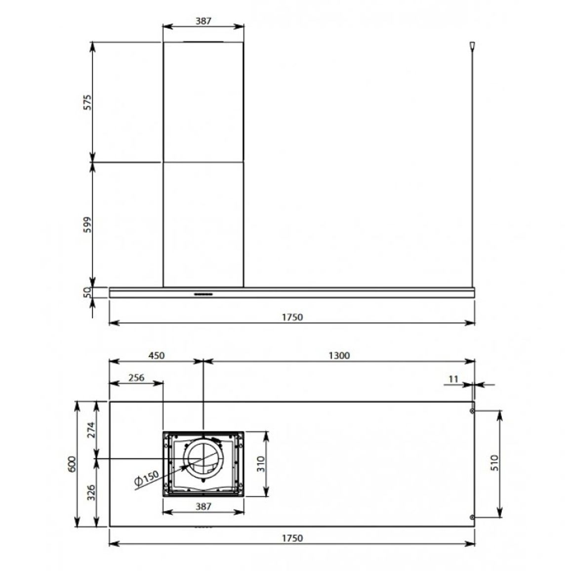 Витяжка острівна LUMEN IS.175 IX 800 LEFT (CLUI75.E5P2#NEUI490F) Falmec