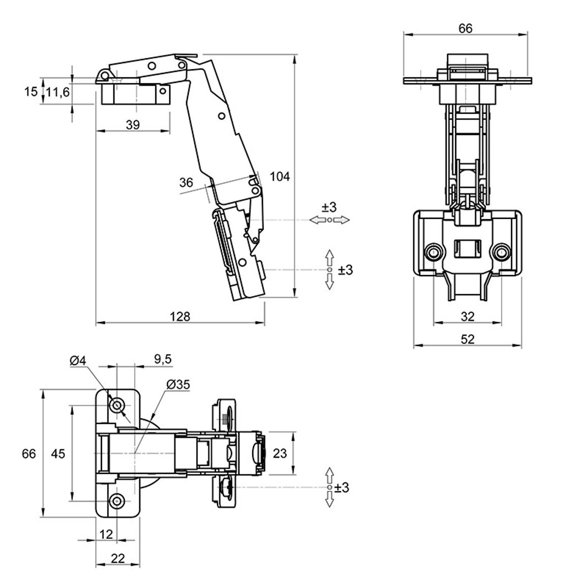 Петля Clip-On, 165°, трансформер, без пружини, никель, 3D Muller Profi Line Петля Clip-On, 165°, трансформер, без пружини, никель, 3D Muller Profi Line