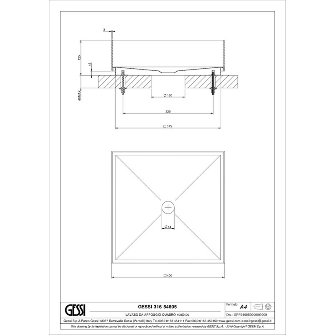 Умивальник накладний Rettangolo 40х40 см, без переливу, нерж Bruched Brass PVD (54605727) Gessi