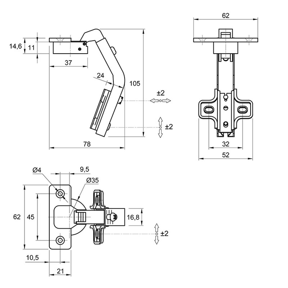 Завіса Slide-On, 135°, біфолт, нікель, Muller 2.0 Завіса Slide-On, 135°, біфолт, нікель, Muller 2.0