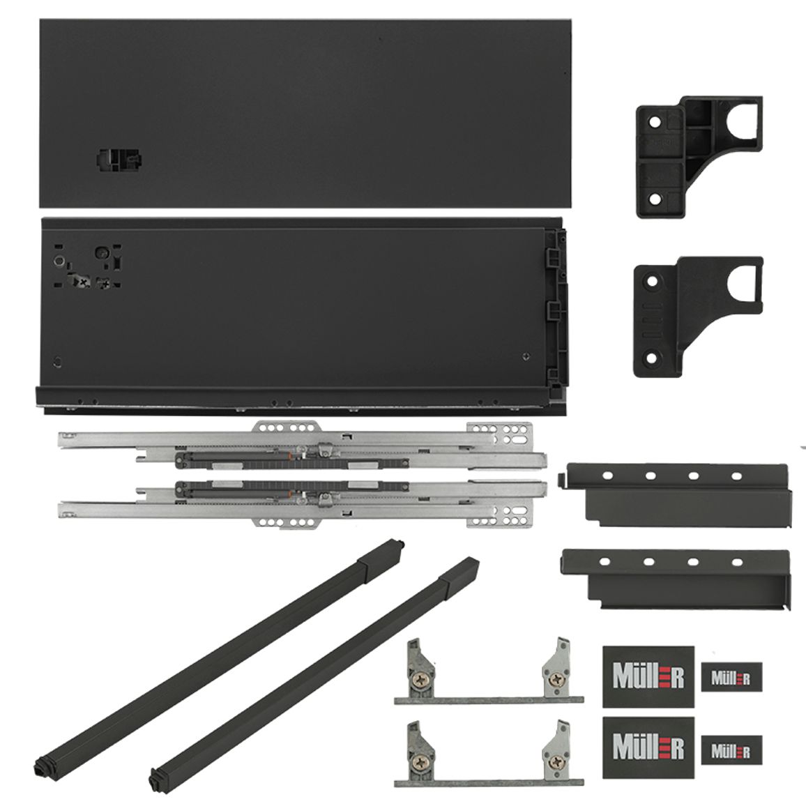 Комплект для ящика Muller Box profi line 3D L=400 Н=178 (+1 рельс) антрацит Комплект для ящика Muller Box profi line 3D L=400 Н=178 (+1 рельс) антрацит