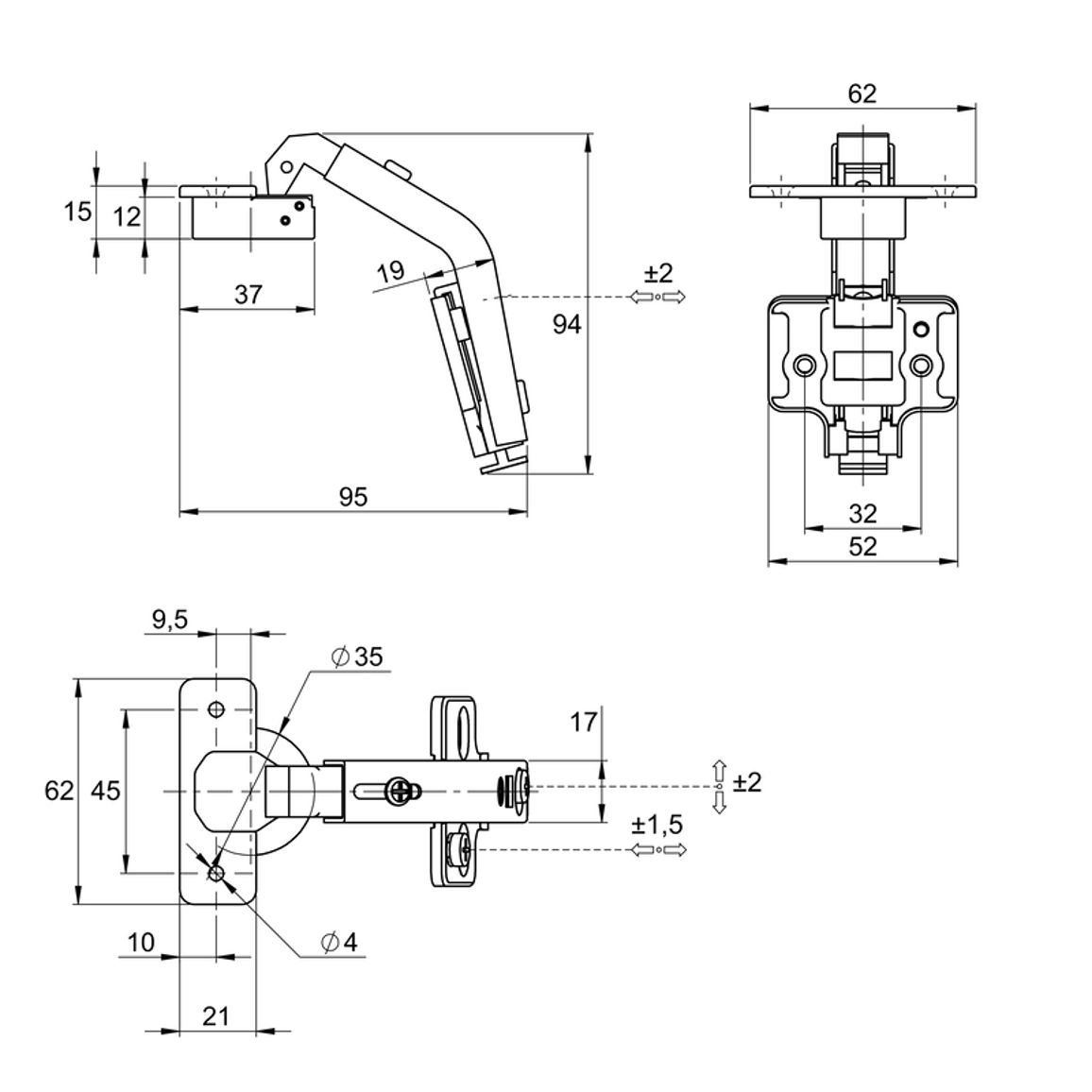 Завіса Clip-On, 135°, біфолт, нікель, 3D Muller Profi Line Завіса Clip-On, 135°, біфолт, нікель, 3D Muller Profi Line