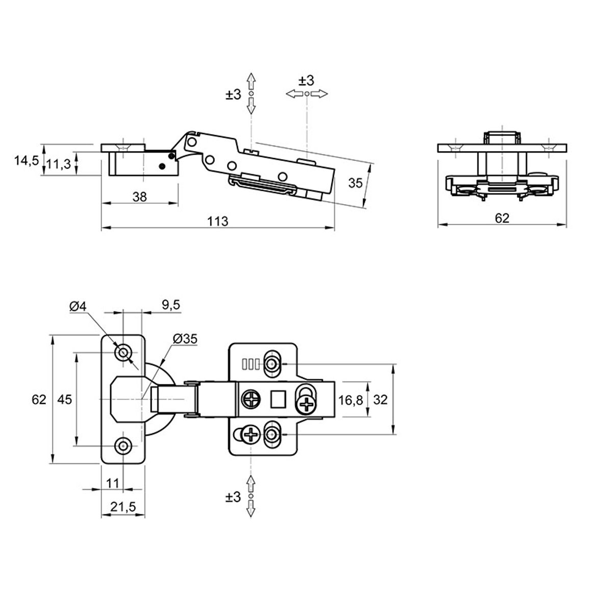 Петля Clip-On, 105°, полунакладная, с доводчиком, никель, 3D Muller Profi Line Петля Clip-On, 105°, полунакладная, с доводчиком, никель, 3D Muller Profi Line