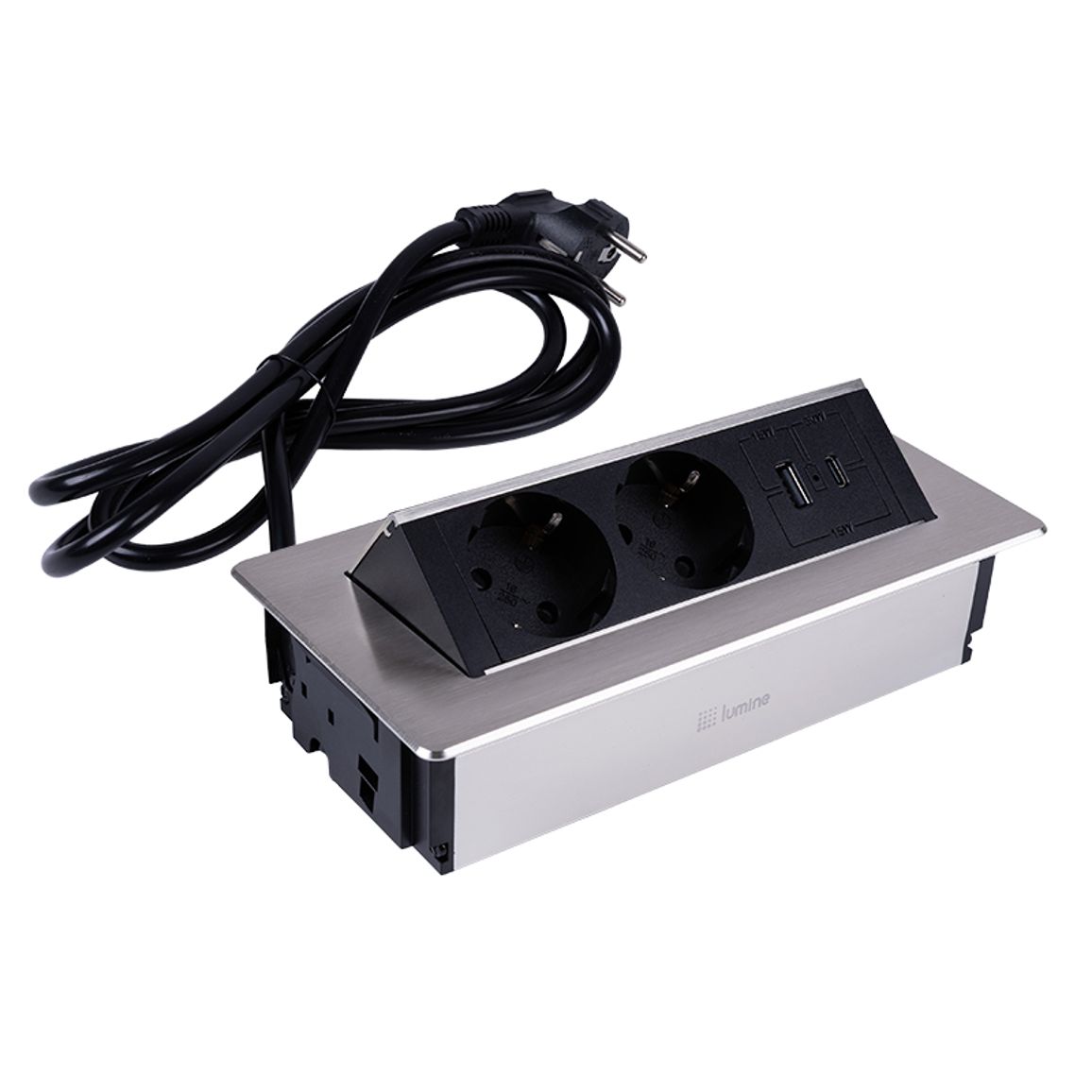 Вбудований розетковий блок Lumine SPACE 2xрозетки, 2xUSB A+C (30W), нікель браш NEW Вбудований розетковий блок Lumine SPACE 2xрозетки, 2xUSB A+C (30W), нікель браш NEW