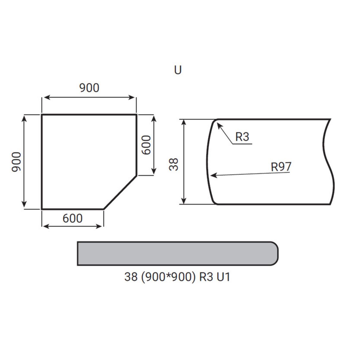 Кут Luxeform S967/R3-1 U Білий камінь 900х900х38мм