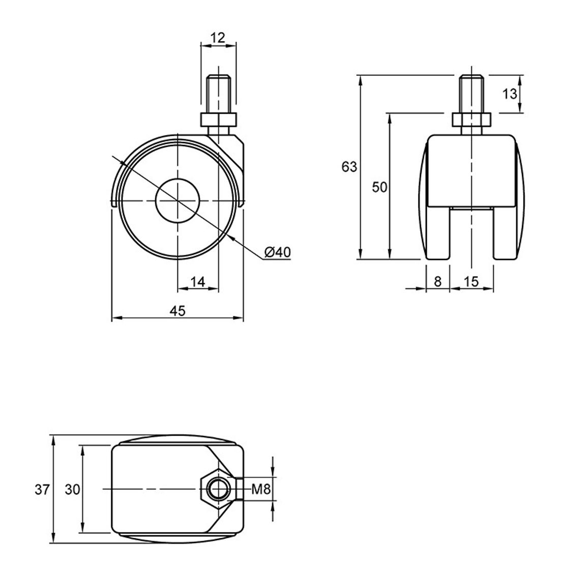 Ролик пластиковый HTS 405 с винтом М8, Ø 40мм, max 20кг, черный