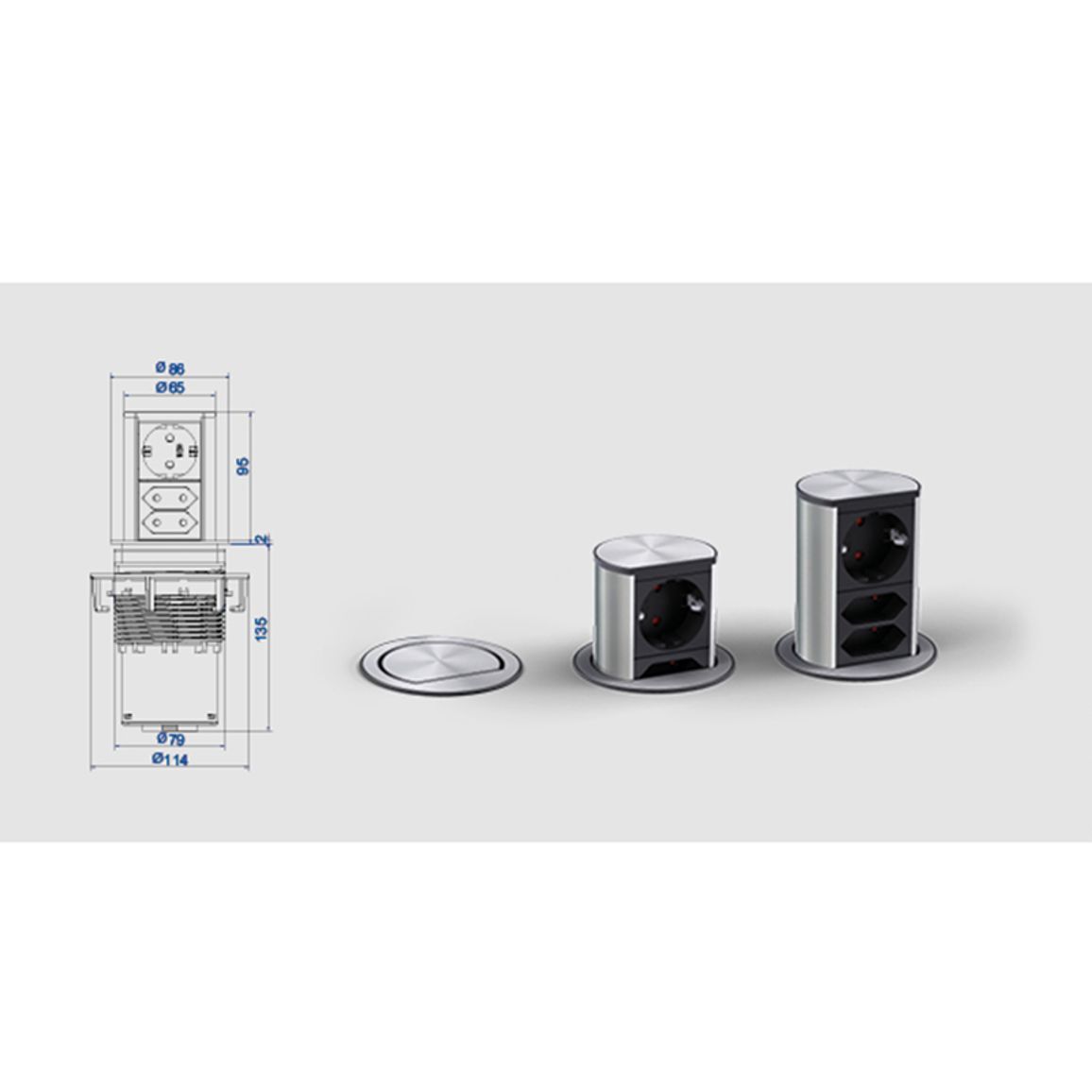 Elevator розетка выдвижная 1xРозетка 2xЕвророзетки