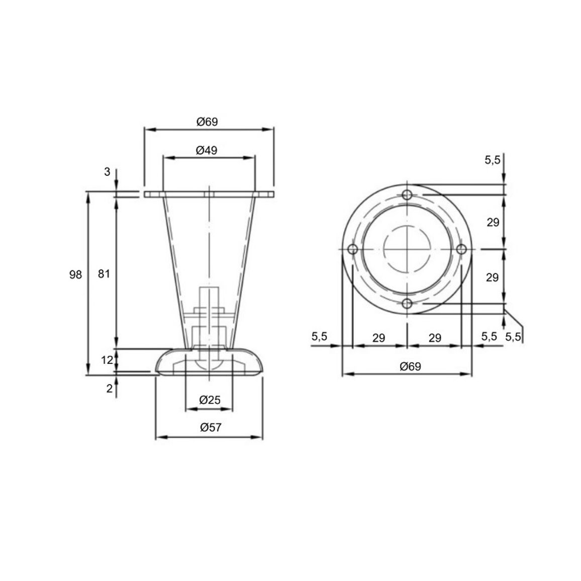 Ножка мебельная NZ 0904, конусная, DZ 09/Steel G2, h=98мм, max 100кг, сталь Ножка мебельная NZ 0904, конусная, DZ 09/Steel G2, h=98мм, max 100кг, сталь