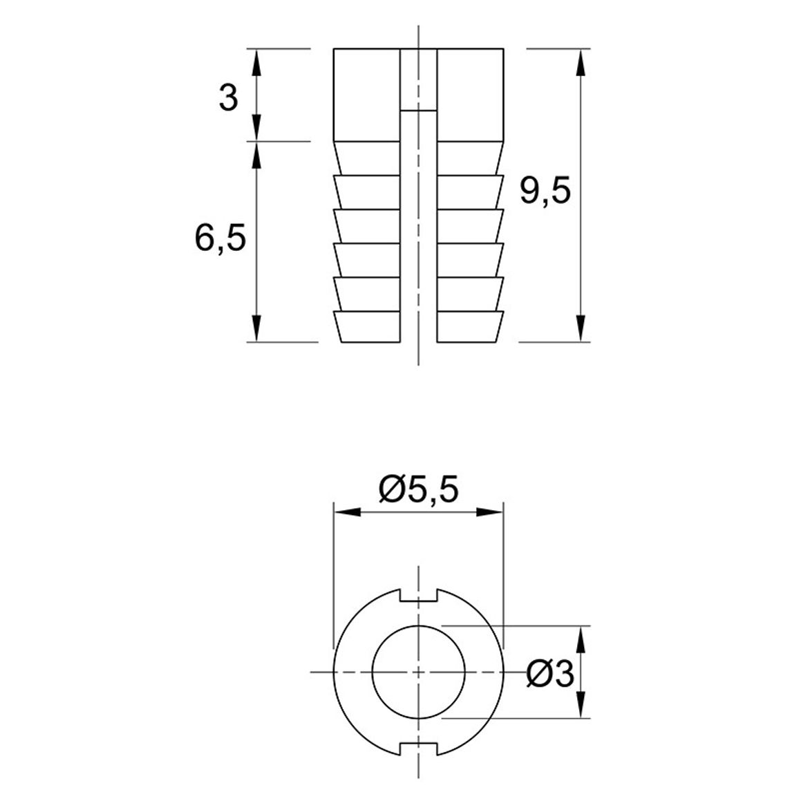 Муфта под саморез L=9,5 D=5, забивная, пластик, разжимаемая, Permo Муфта под саморез L=9,5 D=5, забивная, пластик, разжимаемая, Permo