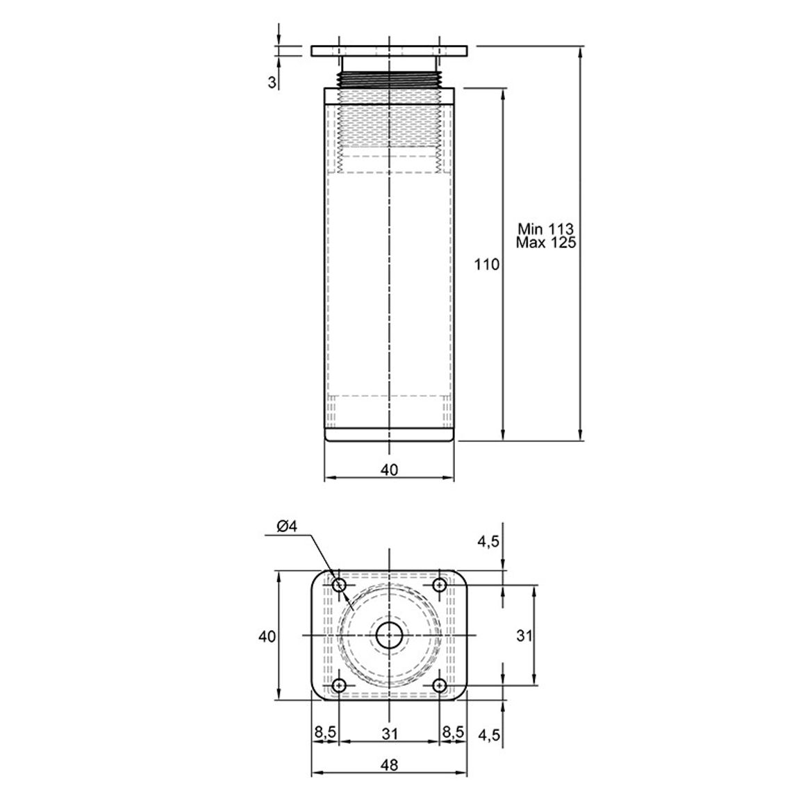 Ножка мебельная регулируемая, NА 02C00 h=120-130мм, алюм., max 100кг