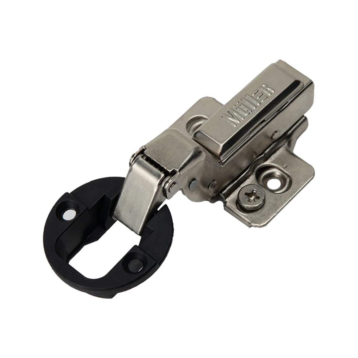 Петля для стекла, Clip-On, 105°, внутренняя, з дотягувачем, никель, 3D, Muller Profi Line Петля для стекла, Clip-On, 105°, внутренняя, з дотягувачем, никель, 3D, Muller Profi Line