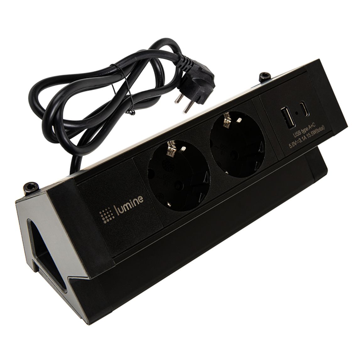 Накладной розеточный блок Lumine ORION 2xрозетки, 2xUSB A+C (15,5W), черный