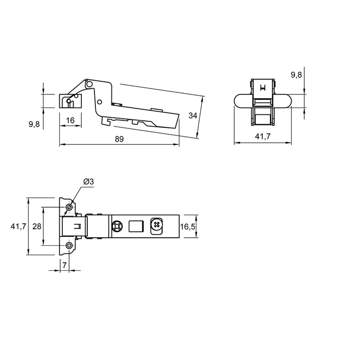 Петля Clip-on, 95°, Intermat 9936, внутренняя, для алюминиевого профиля, никель (9155235) Hettich