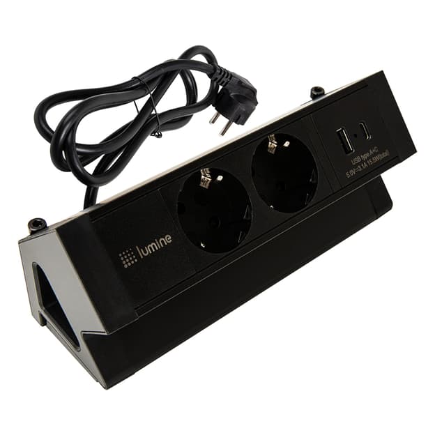 Накладний розетковий блок Lumine ORION 2xрозетки, 2xUSB A+C (15,5W), чорний