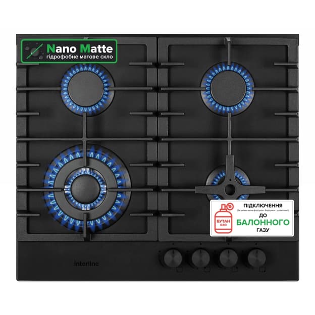 Газовая варочная поверхность HGG 964 FGT BH Nano Matte черное стекло INTERLINE Газовая варочная поверхность HGG 964 FGT BH Nano Matte черное стекло INTERLINE
