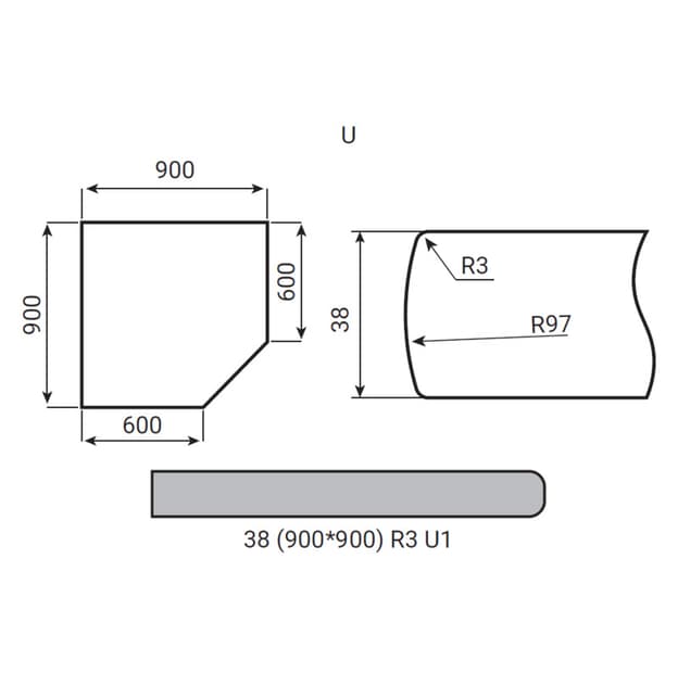 Угол  Luxeform S529/R3-1 U Асканит влагост. 900х900х38мм м.п