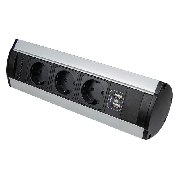 VersaTOP Розетковий блок настільний, 3 розетки + 2USB порту (5В, 2,1А), 110-220В, 16А, IP20, срібло VersaTOP Розетковий блок настільний, 3 розетки + 2USB порту (5В, 2,1А), 110-220В, 16А, IP20, срібло
