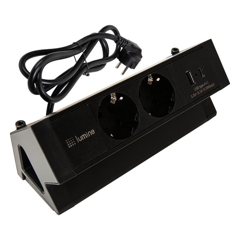 Накладной розеточный блок Lumine ORION 2xрозетки, 2xUSB A+C (15,5W), черный