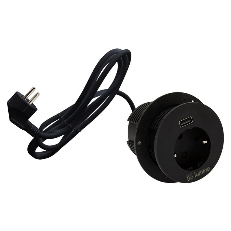 Встроенный розеточный блок Lumine GLOW 1xрозетка, 1xUSB A 12W, черный