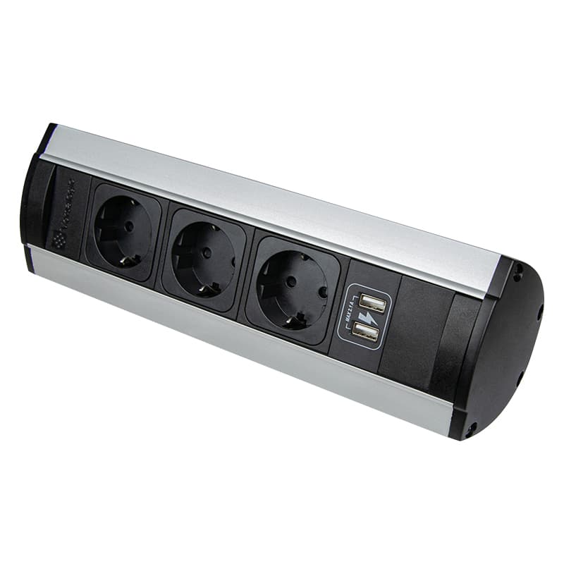 VersaTOP Розетковий блок настільний, 3 розетки + 2USB порту (5V, 2,1А), 110-220V, 16А, IP20, срібло / чорний мат (06003F00003) VersaTOP Розетковий блок настільний, 3 розетки + 2USB порту (5V, 2,1А), 110-220V, 16А, IP20, срібло / чорний мат (06003F00003)