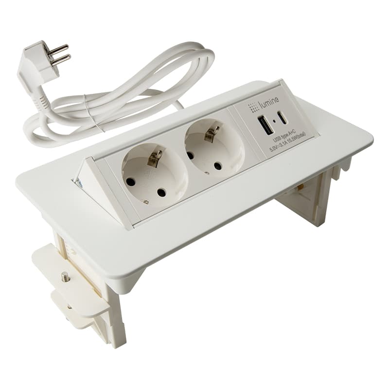 Вбудований розетковий блок Lumine SPACE 2xрозетки, 2xUSB A+C (15,5W), білий Вбудований розетковий блок Lumine SPACE 2xрозетки, 2xUSB A+C (15,5W), білий