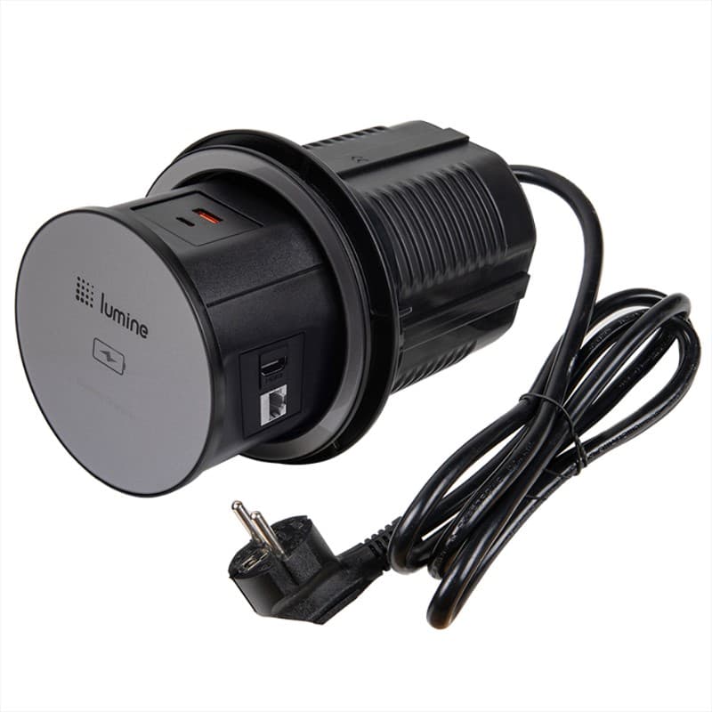 Висувний розетковий блок Lumine SUPERNOVA 2xрозетки, 2xUSB A+C (20W),  1*CAT6, 1*HDMI, charger 15W, чорний