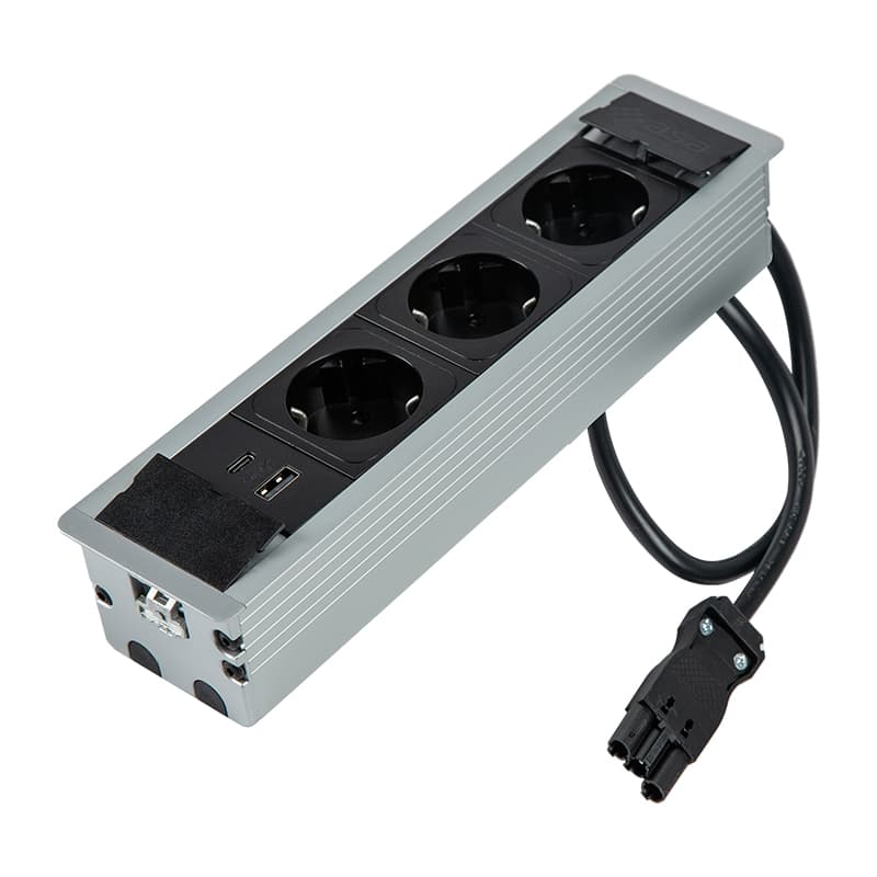 VersaFRAME Розетковий блок, 3 розетки + 1 USB, порт 5V(А+С) , 110-220V, 16A, IP20, чорний мат / анод. алюміній (06040F00007 VersaFRAME Розетковий блок, 3 розетки + 1 USB, порт 5V(А+С) , 110-220V, 16A, IP20, чорний мат / анод. алюміній (06040F00007