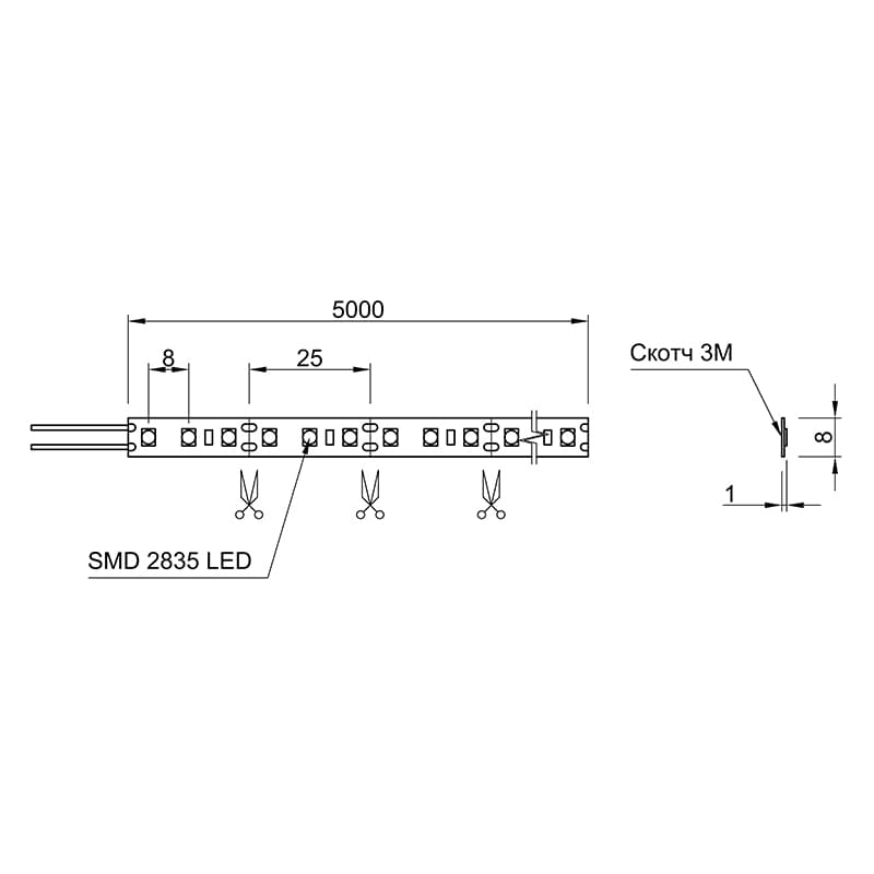 LED-стрічка 2835 SMD, 120 LEDs/m, 9.6W, 12V, IP20, тепле біле світло, 3000К, L=1000mm LED-стрічка 2835 SMD, 120 LEDs/m, 9.6W, 12V, IP20, тепле біле світло, 3000К, L=1000mm