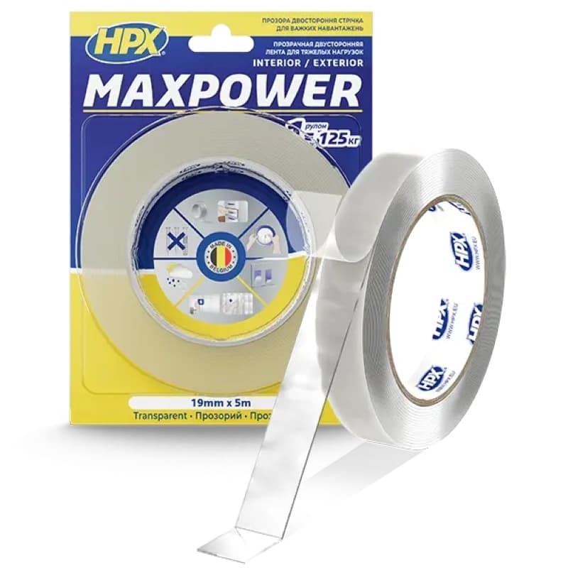 Лента двухсторонняя универсальная Maxpower (19х1,0) 5м,нагр до 25 кг/метр акриловая прозрачная HPX Лента двухсторонняя универсальная Maxpower (19х1,0) 5м,нагр до 25 кг/метр акриловая прозрачная HPX