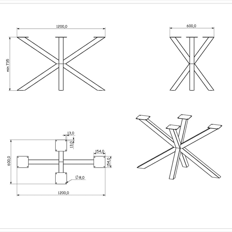 Каркас для стола 3Х, 1200х600мм, h=725мм, антрацит Ral 7016 (Муар)