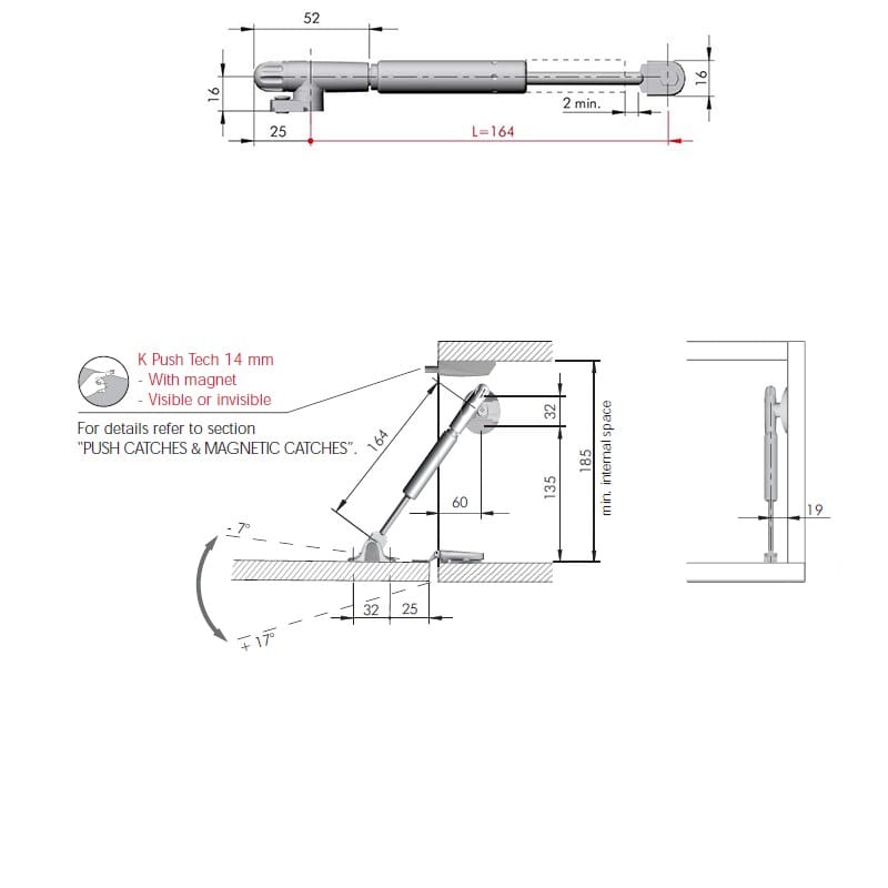 К-т KRABY PushToOpen амортизатор газ. / відчинення вниз L164, Italiana Ferramenta, для ДСП/МДФ