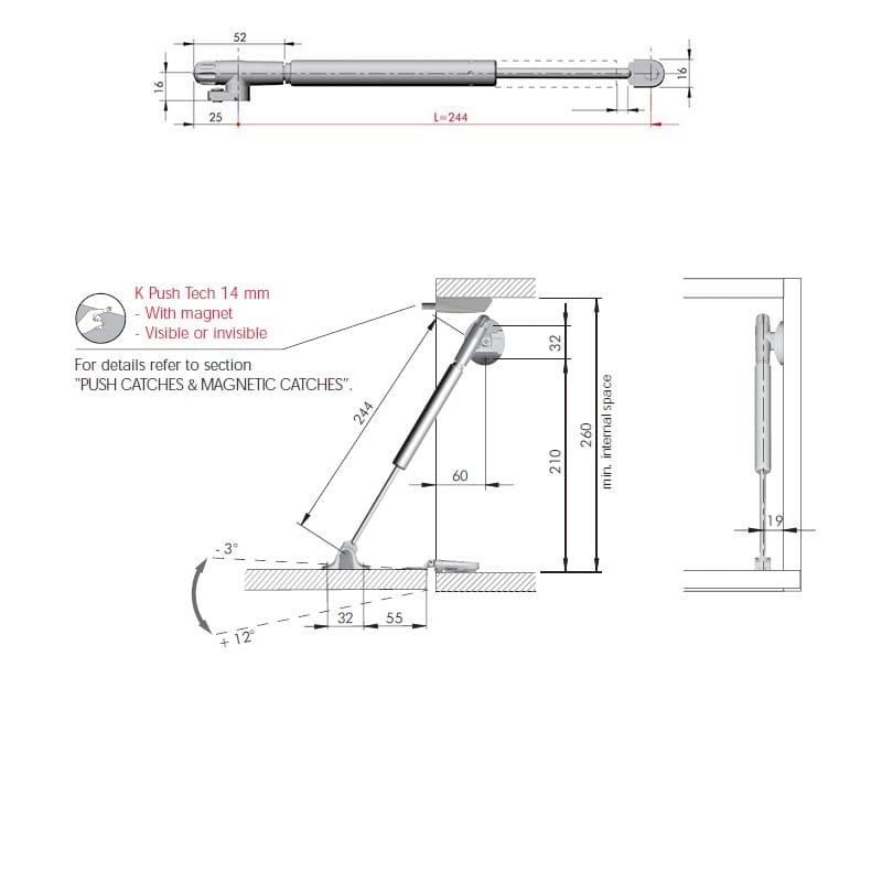 К-т KRABY PushToOpen амортизатор газ. / відчинення вниз L244, Italiana Ferramenta, для ДСП/МДФ