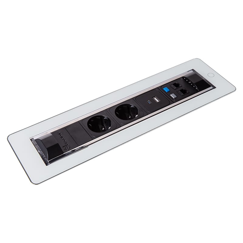 VersaTURN 3.0 Розеточный блок, 2 розетки + 1 USB (5В, 2,1A) +2 RJ45, 110-220В, 16A, IP20, сенсор, бе VersaTURN 3.0 Розеточный блок, 2 розетки + 1 USB (5В, 2,1A) +2 RJ45, 110-220В, 16A, IP20, сенсор, бе