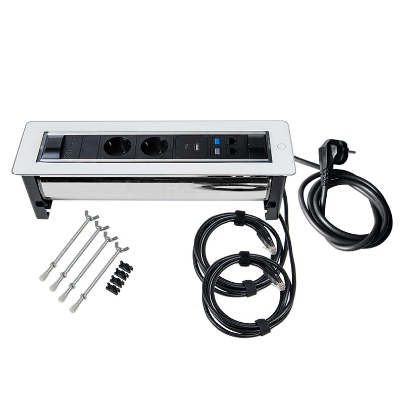VersaTURN 3.0 Розеточный блок, 2 розетки + 1 USB (5В, 2,1A) +2 RJ45, 110-220В, 16A, IP20, сенсор, бе VersaTURN 3.0 Розеточный блок, 2 розетки + 1 USB (5В, 2,1A) +2 RJ45, 110-220В, 16A, IP20, сенсор, бе