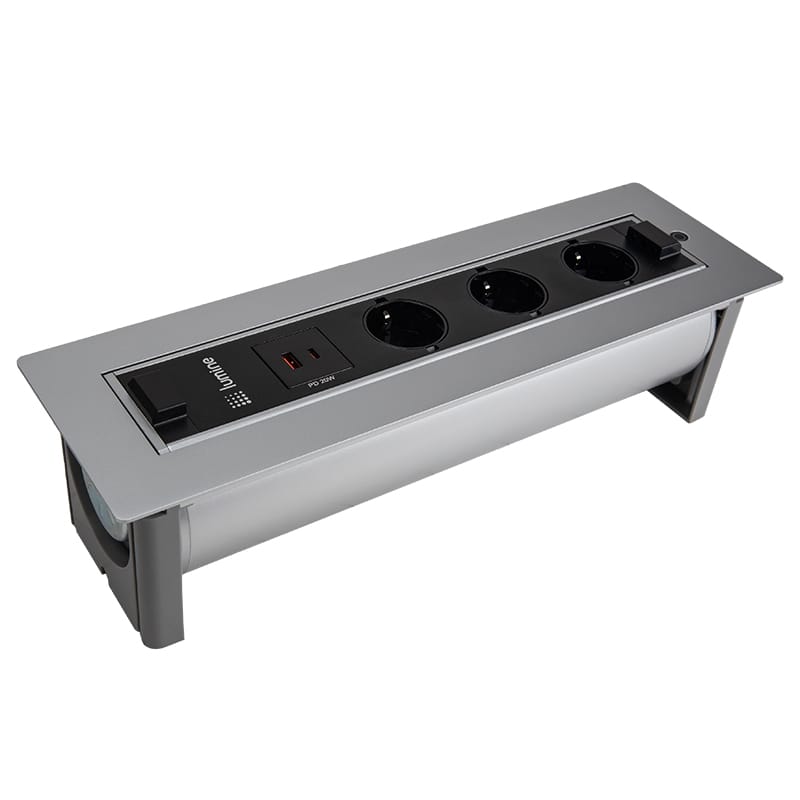 Поворотний розетковий блок Lumine GALAXY 3xрозетки, 2xUSB A+C (20W), срібло Поворотний розетковий блок Lumine GALAXY 3xрозетки, 2xUSB A+C (20W), срібло