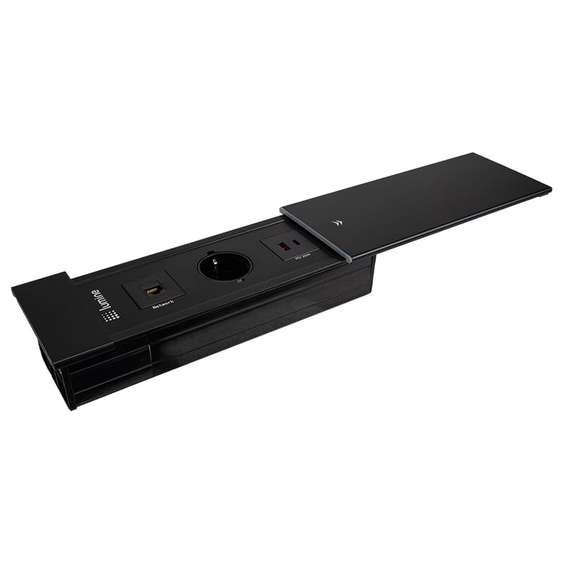 Вбудований розетковий блок Lumine SPARK 1xрозетка, 1xCAT6, 2xUSB A+C (20W), чорний Вбудований розетковий блок Lumine SPARK 1xрозетка, 1xCAT6, 2xUSB A+C (20W), чорний