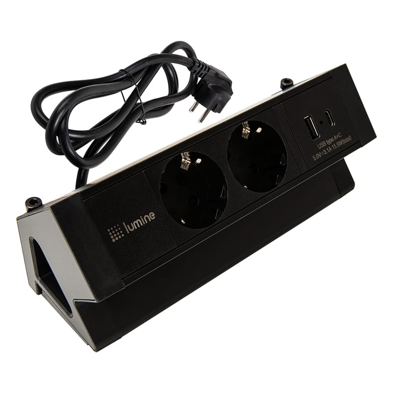 Накладний розетковий блок Lumine ORION 2xрозетки, 2xUSB A+C (15,5W), чорний