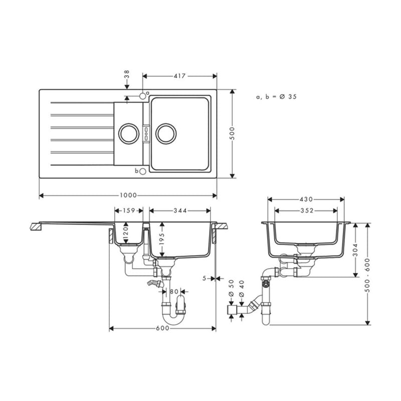 Мойка кухонная гранит S52 с крылом накладная, черный графит Hansgrohe (43357170) Мойка кухонная гранит S52 с крылом накладная, черный графит Hansgrohe (43357170)