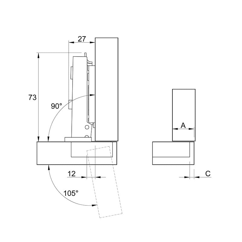 Петля Clip-On, 105°, накладная, с доводчиком, с ленейной планкой, никель, 3D Muller Profi Line Петля Clip-On, 105°, накладная, с доводчиком, с ленейной планкой, никель, 3D Muller Profi Line