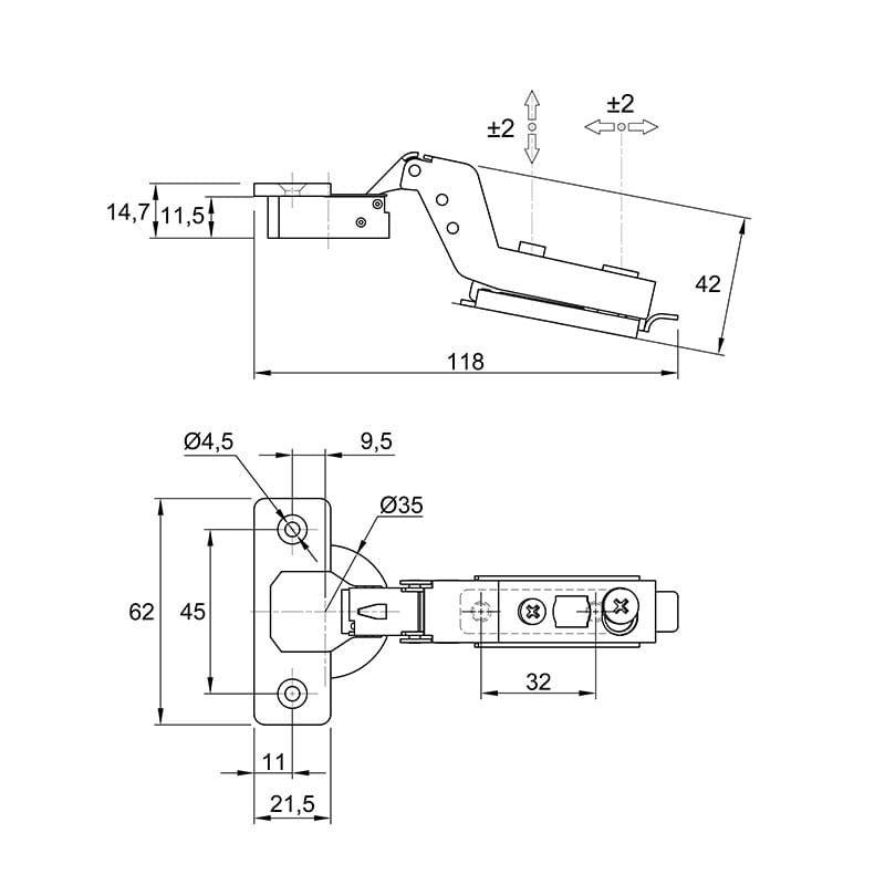 Петля Clip-On, 105°, внутренняя, с доводчиком, с ленейной планкой, никель, 3D Muller Profi Line Петля Clip-On, 105°, внутренняя, с доводчиком, с ленейной планкой, никель, 3D Muller Profi Line