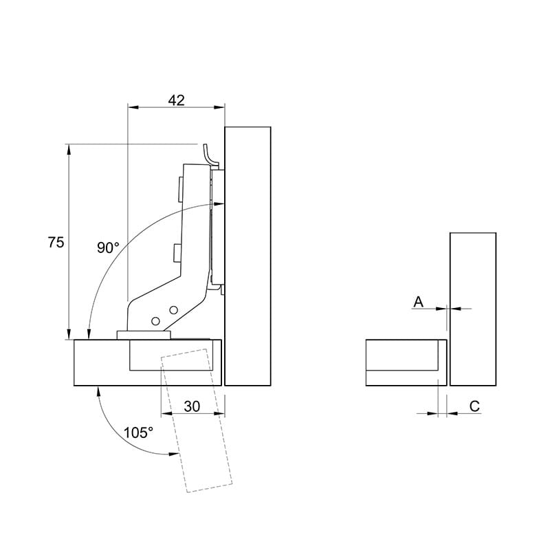 Петля Clip-On, 105°, внутренняя, с доводчиком, с ленейной планкой, никель, 3D Muller Profi Line Петля Clip-On, 105°, внутренняя, с доводчиком, с ленейной планкой, никель, 3D Muller Profi Line